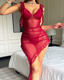 Sexy Sheer Mesh Deep V Slit Ribbon Tie Slip Nightdress
