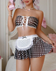 Lace-Up Bandeau Plaid Mini Skirt Lingerie Set