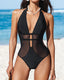 Women's Beach Vacation Sexy Deep V-Neck Backless Lace-Up Mesh One-Piece Swimsuit