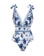 Retro Floral Colorblock Print V-Neck Lace-Up One-Piece Swimsuit and Skirt
