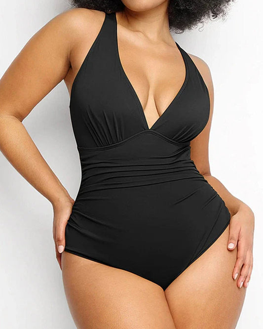 Beach Vacation Solid Color Deep V Sexy One-Piece Swimsuit