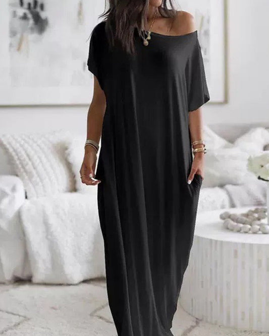 Women's Solid Color Bat Sleeve Casual Comfortable Short Sleeve Dress