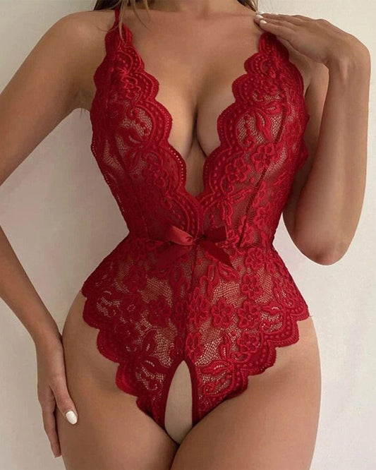 Deep V Sexy Translucent Floral Lace Cross-Back Open Crotch Design One-Piece Pajamas