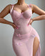 Butterfly Applique Mesh Sheer Slit Fitted Camisole Nightdress and Thong Set