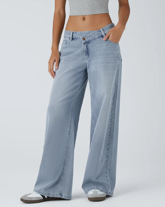 Asymmetric Low-Rise Zipper Pocket Loose Wide-Leg Washed Jeans