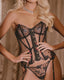 Embroidered Floral See-Through Sexy Hollow Strap Body Shaping Underwear Two-Piece Set with Stockings
