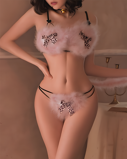 Leopard Print Feather Three-Piece Lingerie Set with Headband and Tail