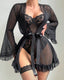 Sexy Lace Slip Dress Mesh See-through Tie-up Robe Loungewear Set