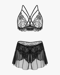 3 Piece Sets Lace Bralette, Skirt with Panty
