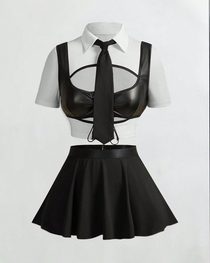 Sexy School-Style Costume Faux Leather Patchwork Lingerie Set