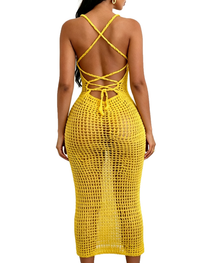 Women’s Knitted Crochet Spaghetti Strap Slit Beach Maxi Dress