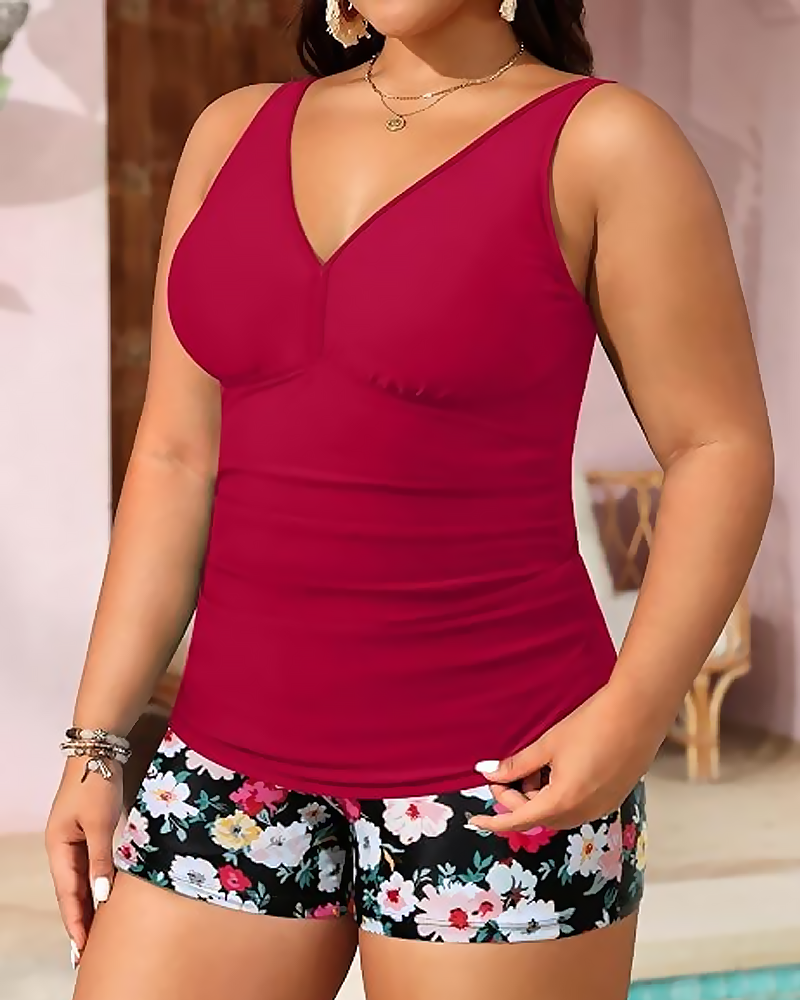 Plus Size Solid Color Two-Piece Boyshort Bikini Set