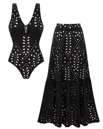 Black One-Shoulder Tummy Control Laser-Cut Floral Swimsuit Set