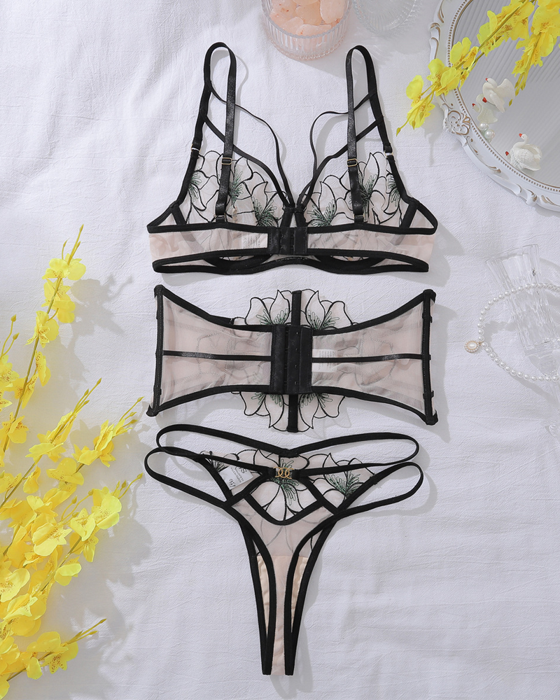 Sexy Jacquard Lace Sheer Mesh Sculpting Lingerie Set