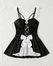 Black and White Lace Mesh Patchwork Side Slit Lingerie Set