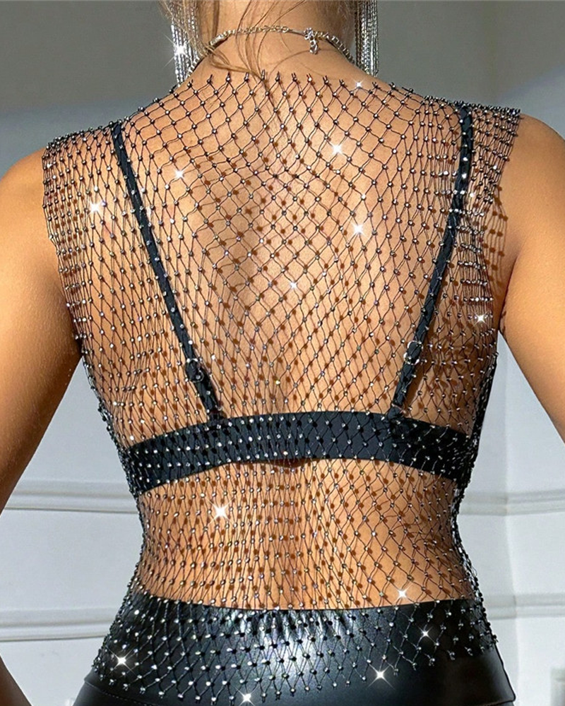 Sexy Sheer Rhinestone Fishnet Tank Top