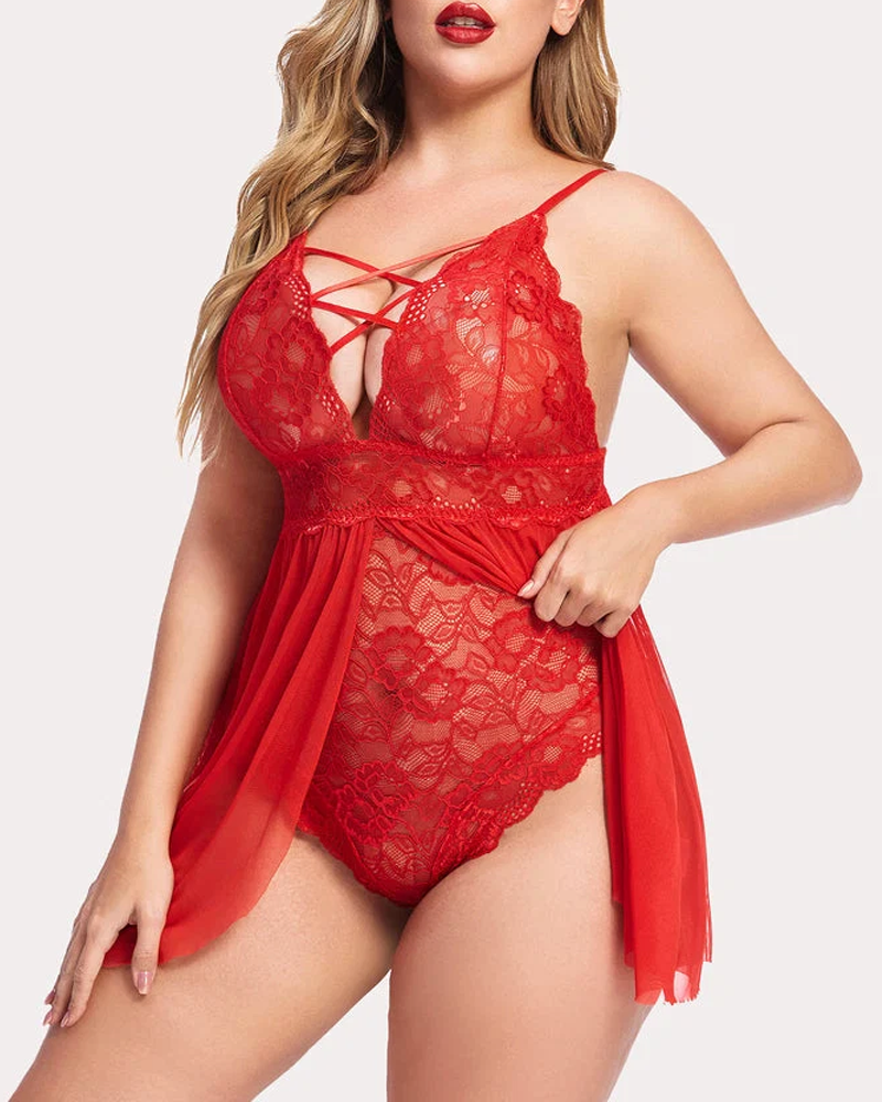Plus Size Sexy Lace Teddy with Crisscross Front Straps