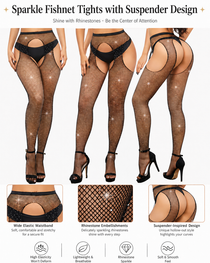 3-Pack Rhinestone-Embellished Open-Crotch Cutout Fishnet Stockings