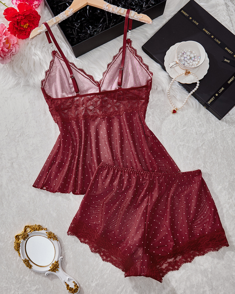 Sheer Mesh Lace Polka Dot Pajama Set