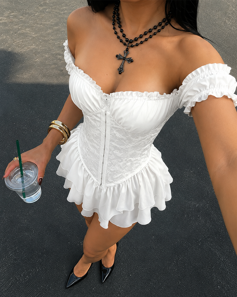 Sexy Jacquard Ruffle Off-Shoulder Corset Waist Dress
