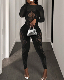 Lace mesh hollow-out high-stretch sheer jumpsuit