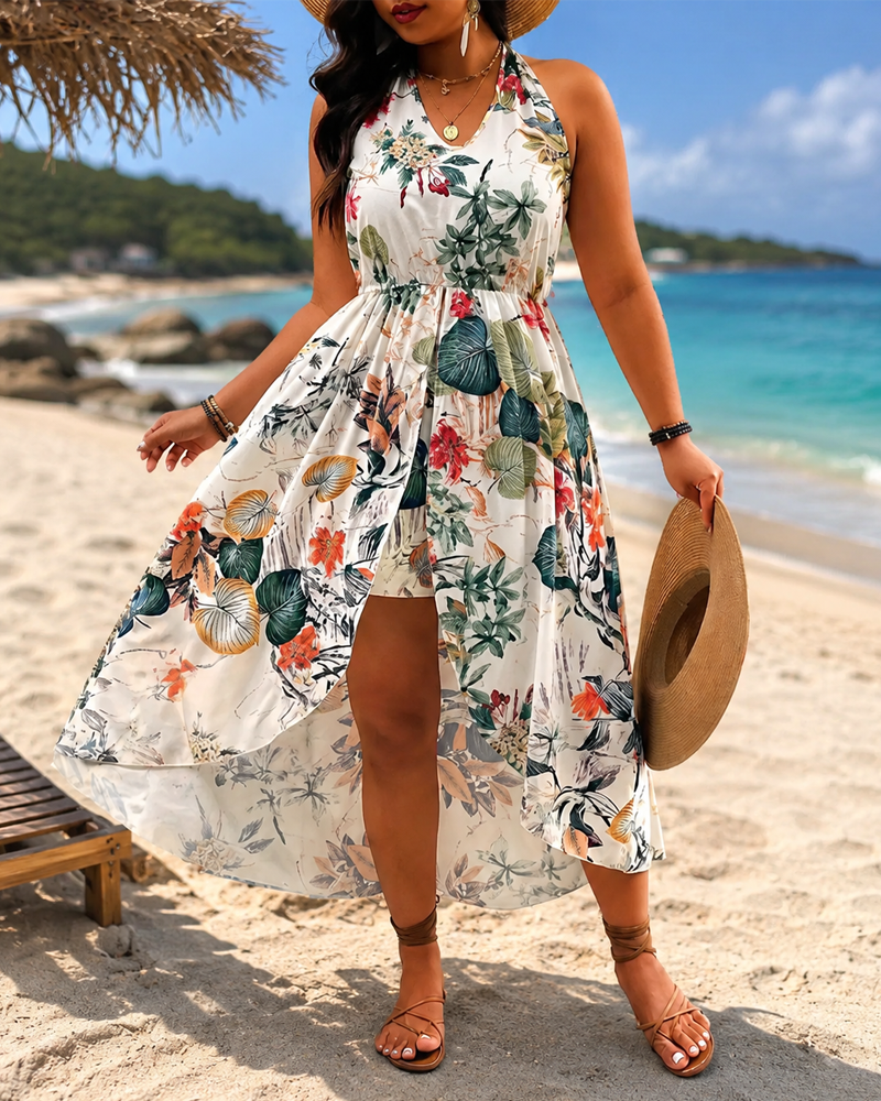Plus Size Bohemian Print Halter Dress and Shorts Set Main image