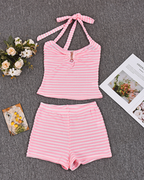 Sexy Beach Vacation Striped Halter Bikini Set