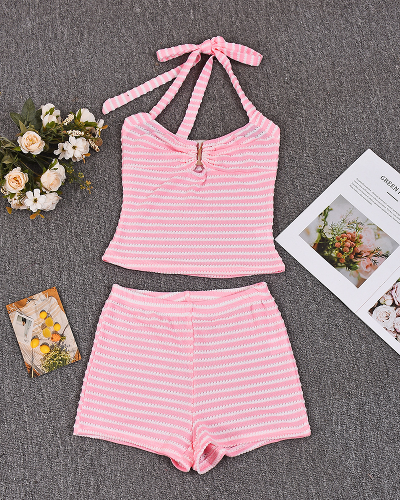 Sexy Beach Vacation Striped Halter Bikini Set