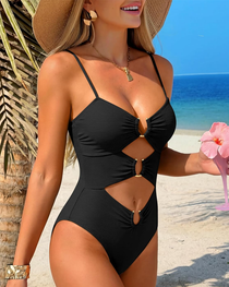 Solid Color Contrast Cut-Out Sexy One-Piece Bikini