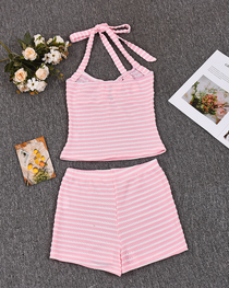 Sexy Beach Vacation Striped Halter Bikini Set