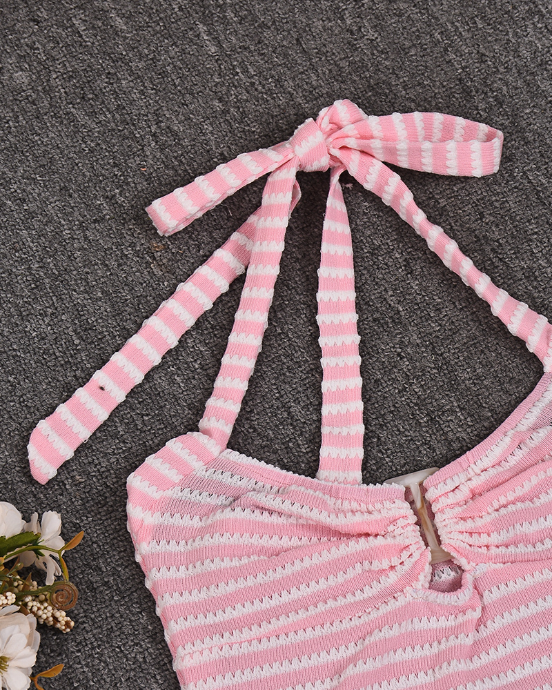 Sexy Beach Vacation Striped Halter Bikini Set