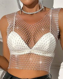 Sexy Sheer Rhinestone Fishnet Tank Top