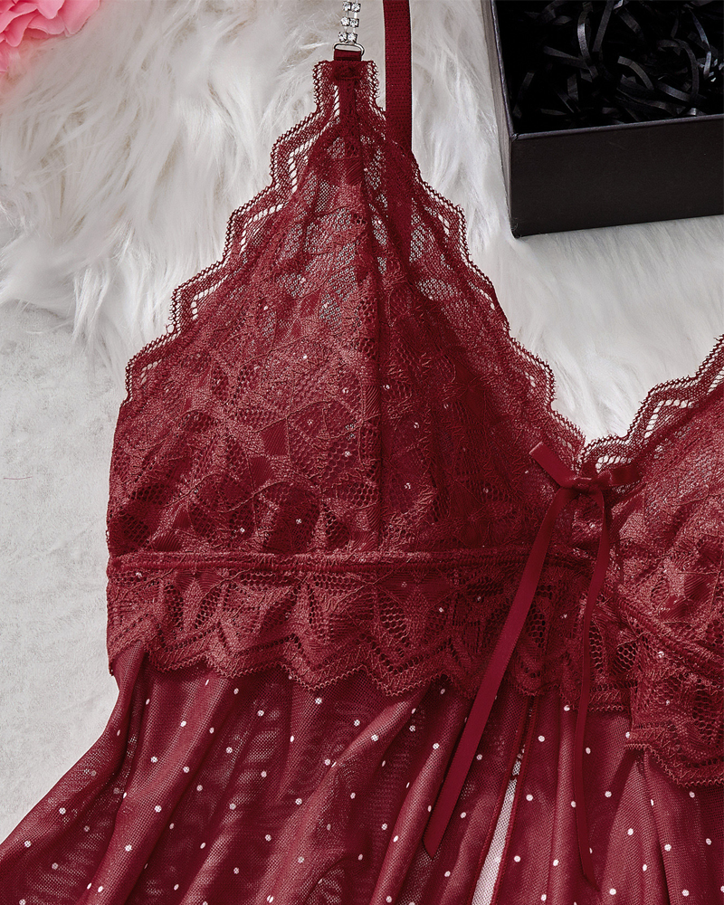 Sheer Mesh Lace Polka Dot Pajama Set