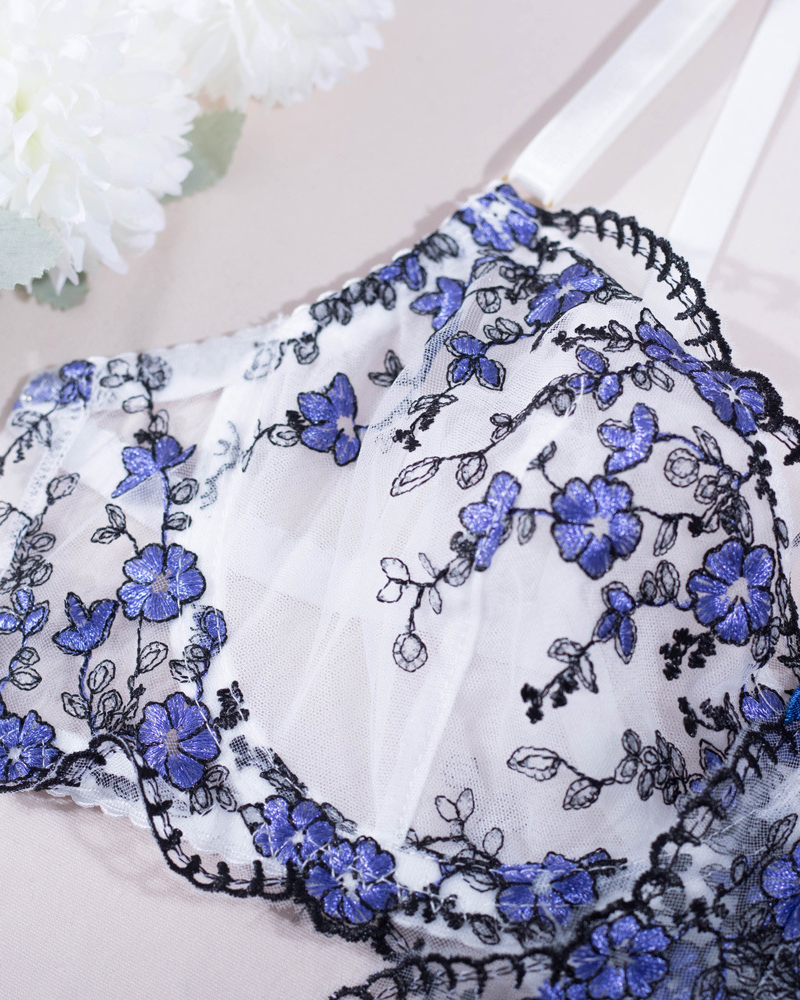 Sexy Floral Embroidered Mesh Boned Bustier Lingerie Set