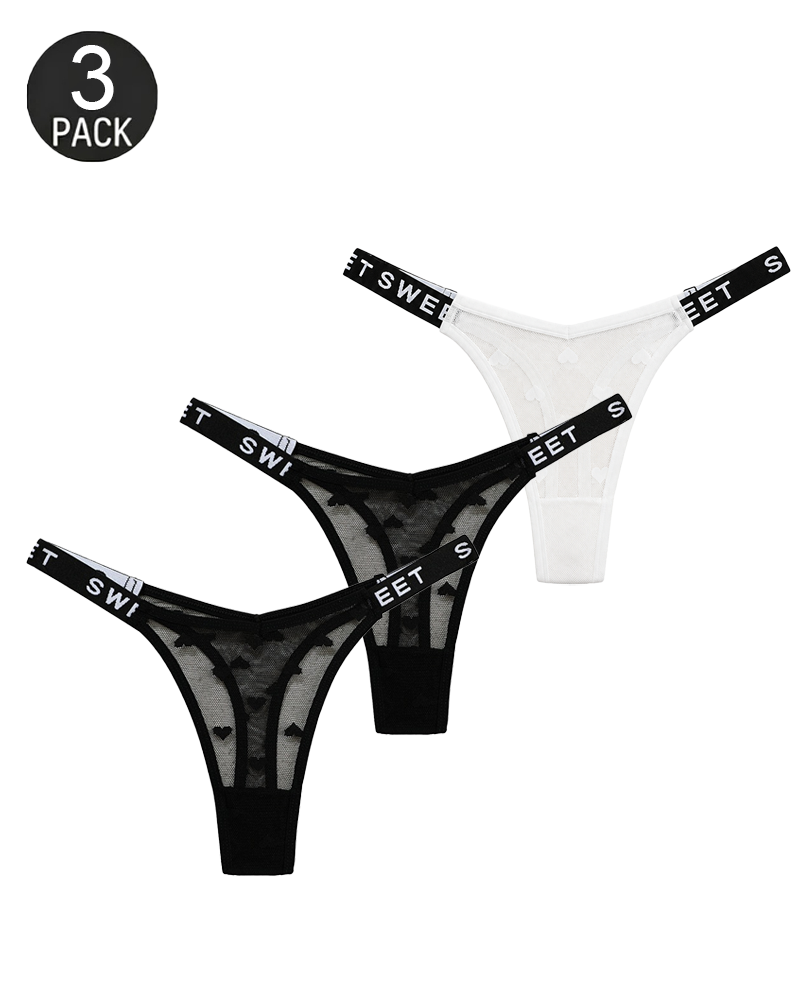 Sexy Heart Lace Thong Panties 3-Pack