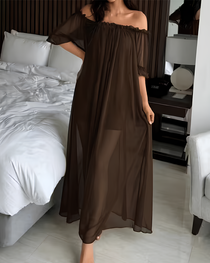 Sexy Sheer Mesh Ruffle Off-the-Shoulder Long Nightgown