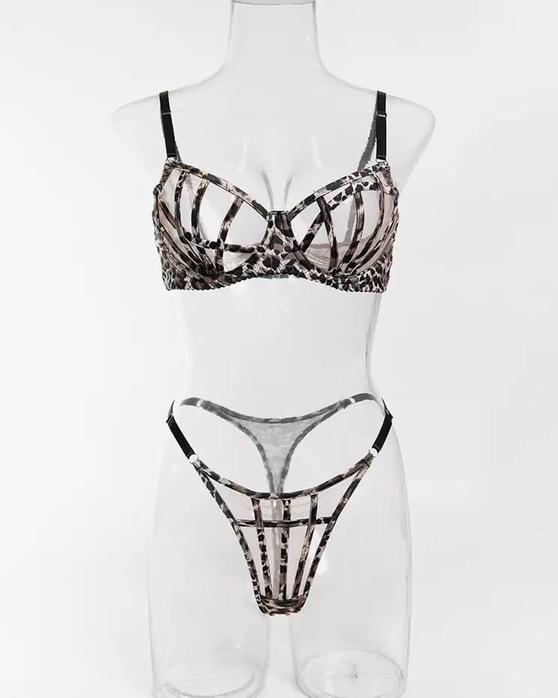 Sexy Leopard Print Cutout Sheer Mesh Lingerie Set