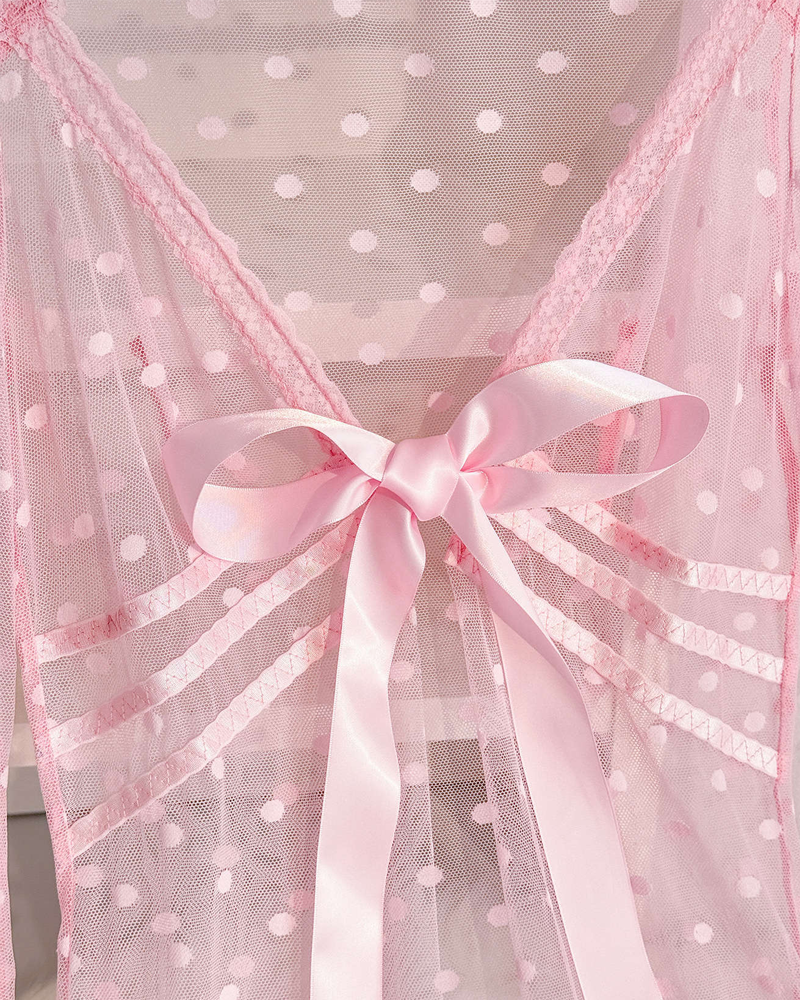 Plus Size Sexy Pink Polka Dot Mesh Robe Set