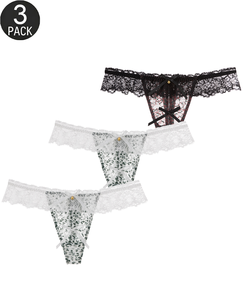 3-Pack Sexy Leopard Print Lace Trim Bell-Decorated Thongs