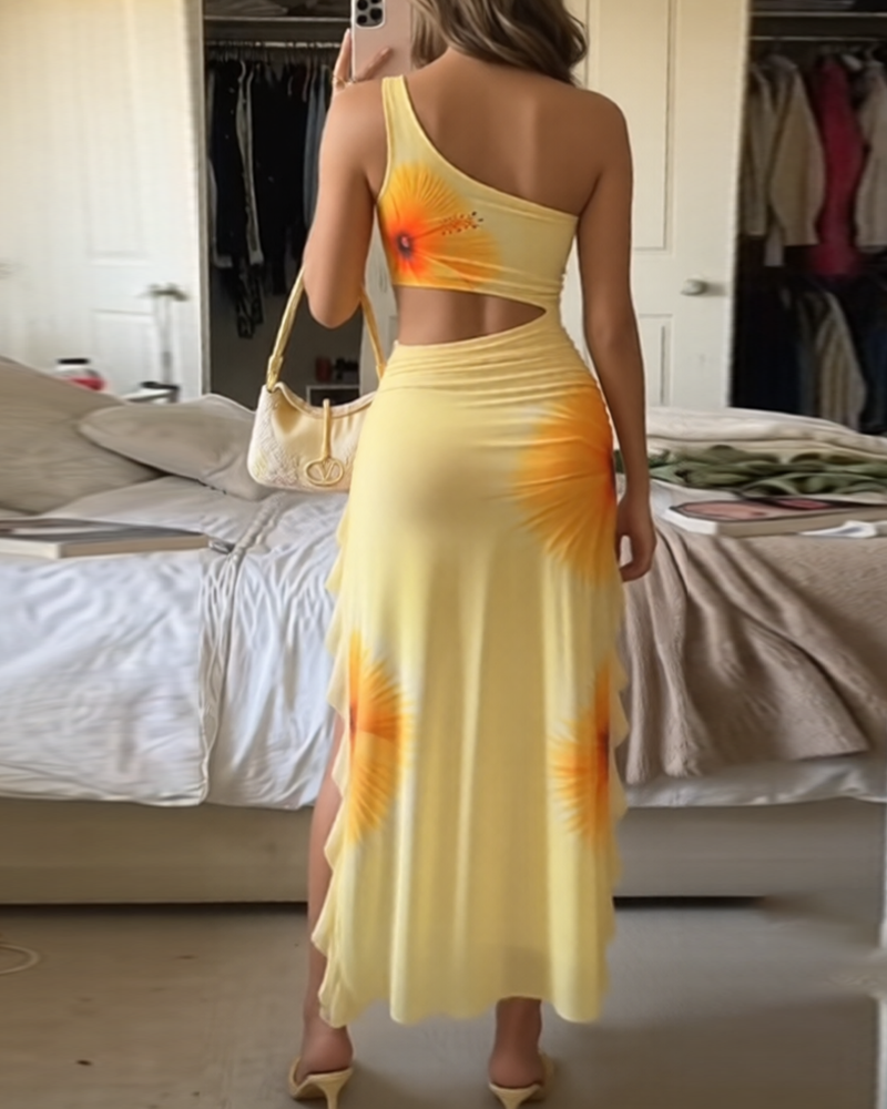 Sexy Floral Print Cutout High Slit Mesh Maxi Dress Secondary image