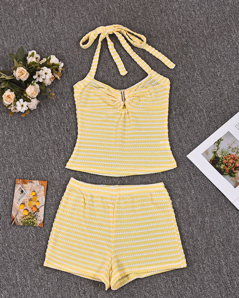 Sexy Beach Vacation Striped Halter Bikini Set