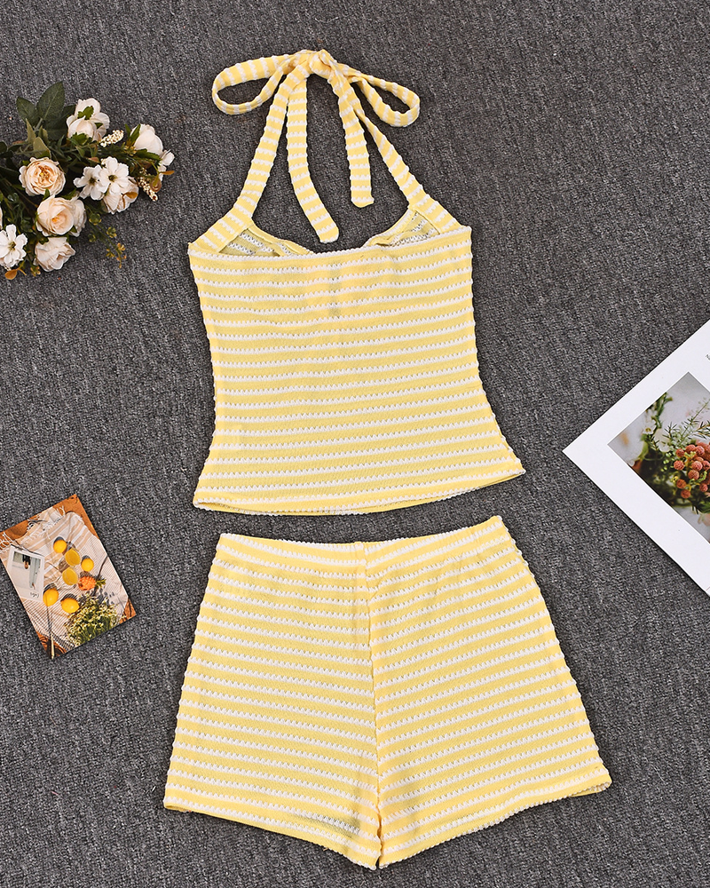 Sexy Beach Vacation Striped Halter Bikini Set