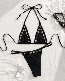 Sexy Beach Vacation Gold Metal Ring Halter Bikini Set