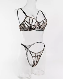 Sexy Leopard Print Cutout Sheer Mesh Lingerie Set