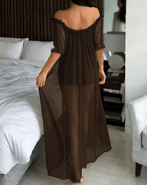 Sexy Sheer Mesh Ruffle Off-the-Shoulder Long Nightgown