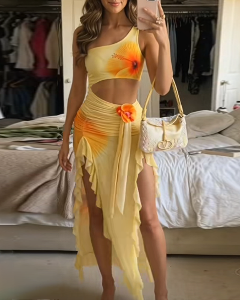 Sexy Floral Print Cutout High Slit Mesh Maxi Dress Main image
