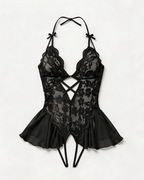 Sheer Lace Halter Cut-Out Crotchless Bodysuit