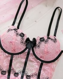Sexy Sheer Mesh Printed Lace Push-Up Spaghetti Strap Lingerie