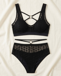 Plus Size Strappy Polka Dot Mesh Cutout Lingerie Set