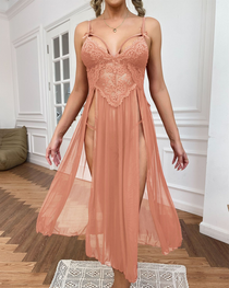 Sexy Sheer Mesh Deep V-Neck Lace Side Slit Slip Dress
